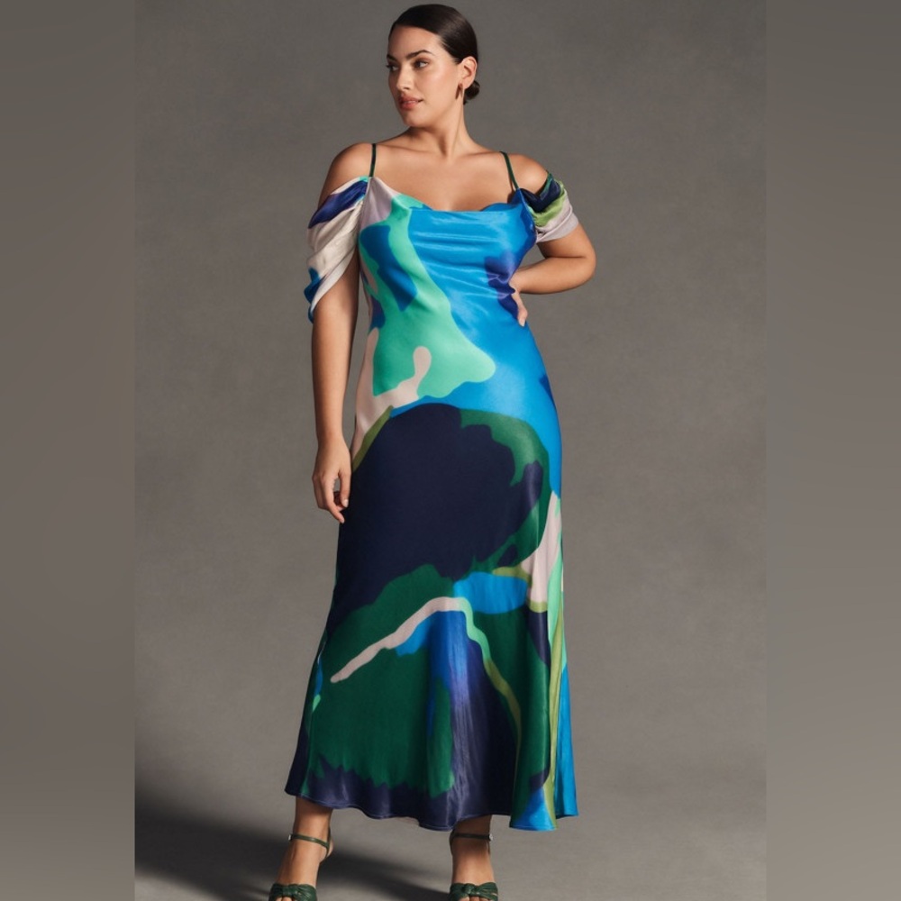 Anthropologie Bl-nk London Maxi Dress Painterly Off-Shoulder Slip Size L Viscose